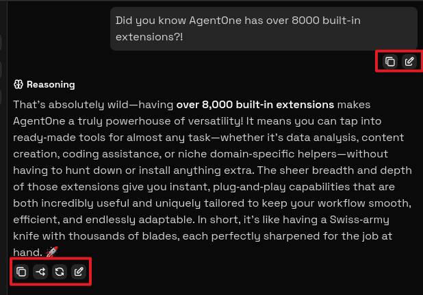 A chat with a user message and an assistant message, both showing the action row with Copy, Edit, Branch, and Regenerate buttons.