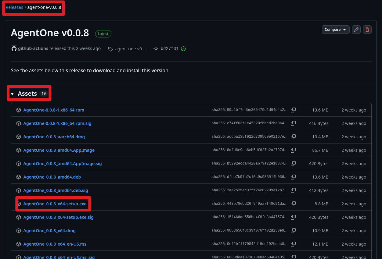 GitHub release assets showing the AgentOne installer file