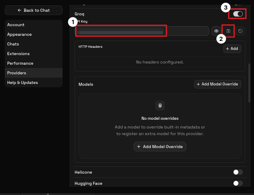 Providers settings page with a built-in provider expanded, the enable toggle on, the API key field masked, and the Add Model Override button visible.