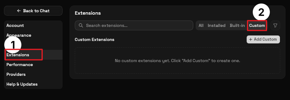 Screenshot showing the custom extensions section