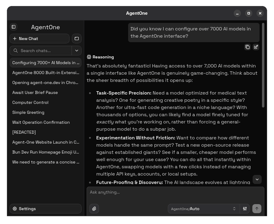 Full app window with the three main areas annotated - sidebar on the left, main chat area in the center, and composer at the bottom.