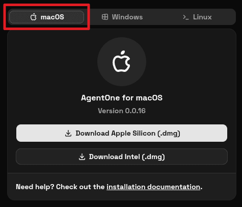 AgentOne download page showing macOS tab