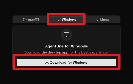AgentOne download page showing Windows tab