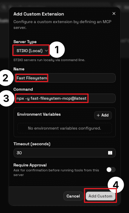 Screenshot showing MCP server details filled out