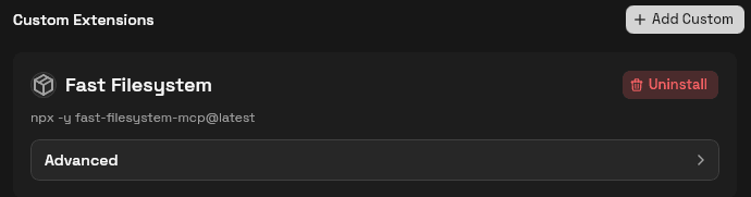 Screenshot showing custom MCP servers list with fast filesystem MCP on the list