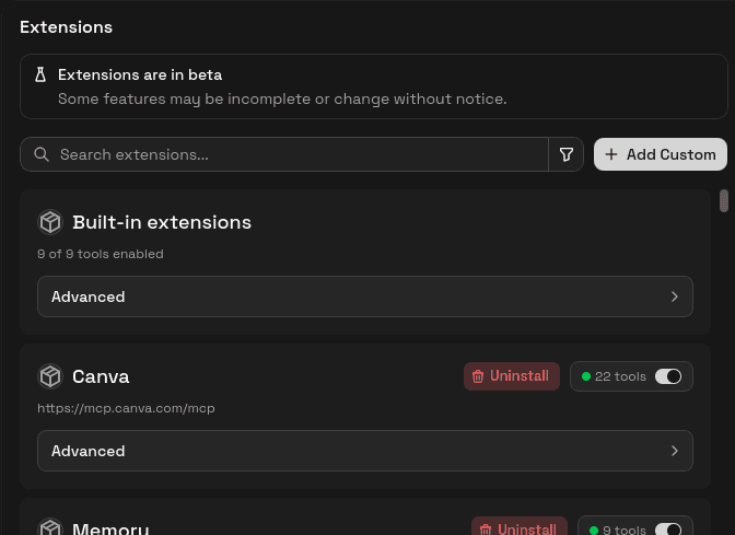 Screenshot showing custom MCP servers list with Canva on the list