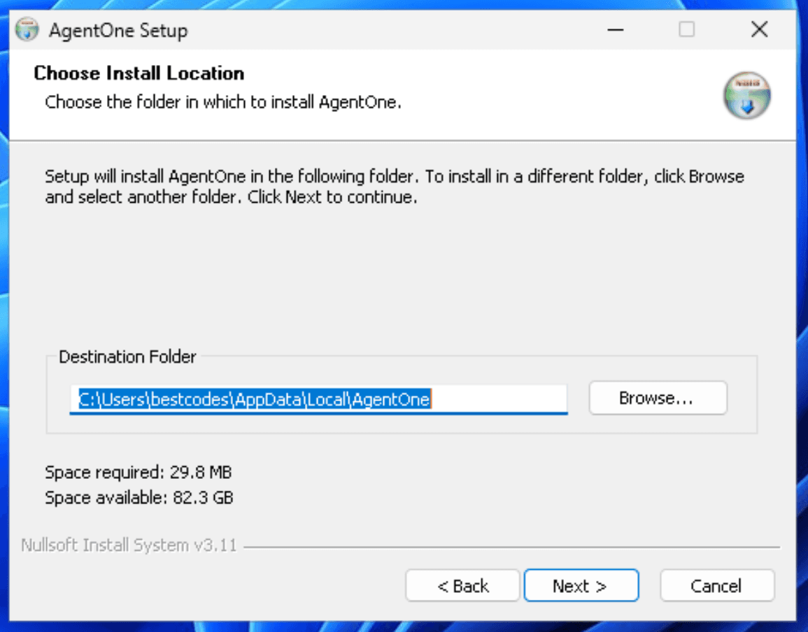AgentOne install location selection screen