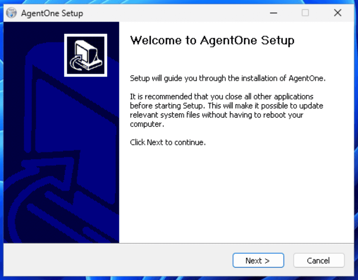 AgentOne installer initial screen showing Next button