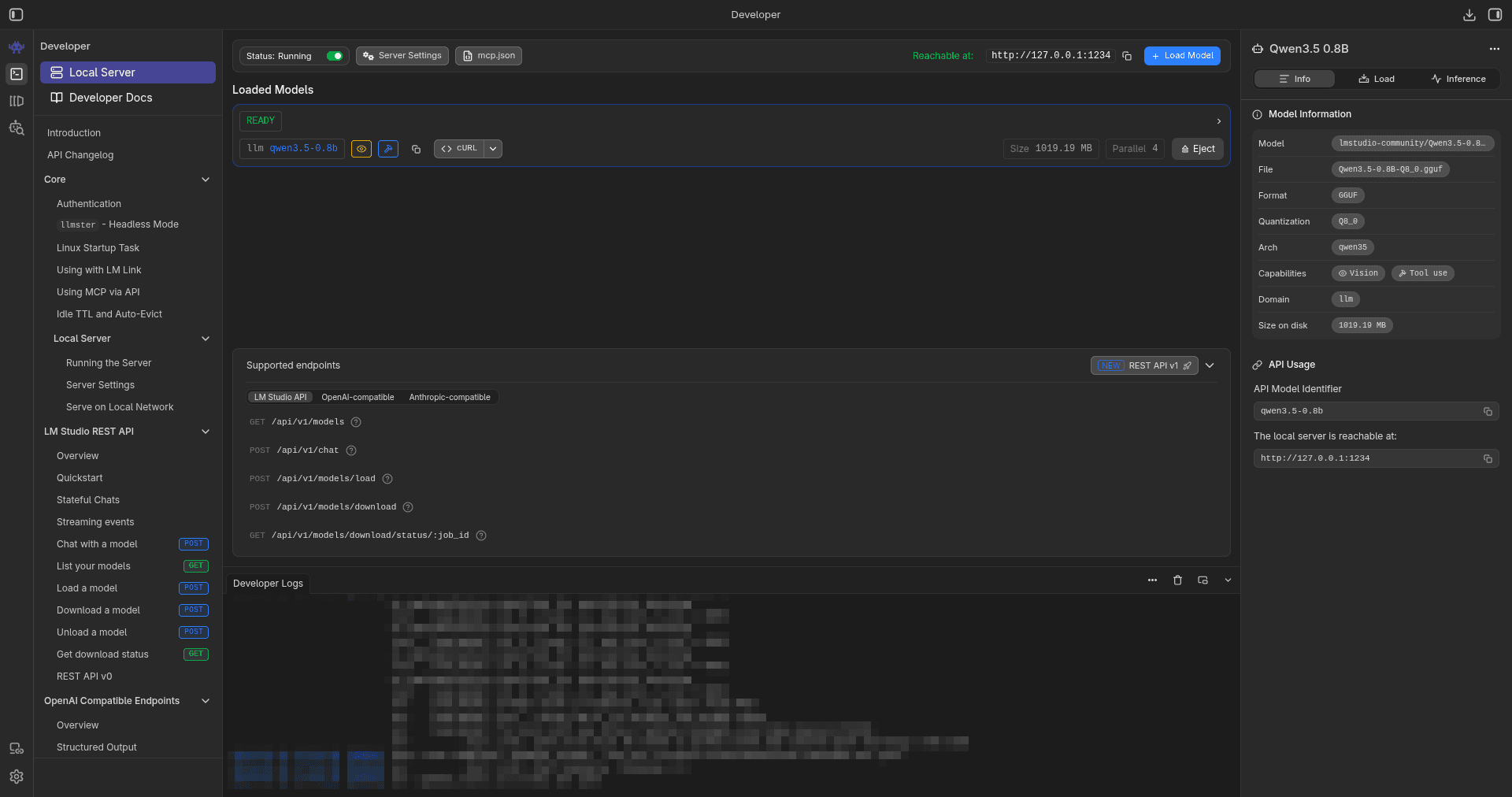 LM Studio local server tab with a model loaded and the server running, showing the port number and a green active status.