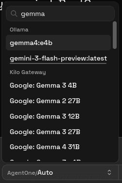 Model selector open showing grouped providers and models, with the search field filtering the list to show results matching a query.