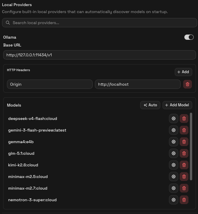 Providers settings page with Local Providers expanded and Ollama visible, showing the built-in Ollama entry and its base URL.