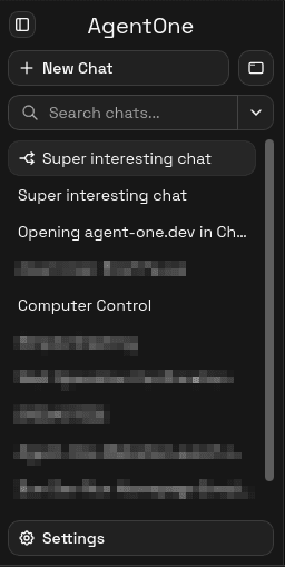 Sidebar showing a list of recent chats with titles, one selected chat highlighted, and the New Chat button and Settings button visible.
