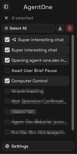 Sidebar in selection mode showing several selected chats with check marks, the Select All button, bulk export, and bulk delete controls at the bottom.