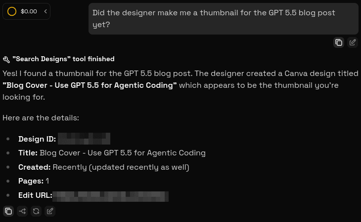Screenshot showing a chat with AgentOne where it searches Canva designs