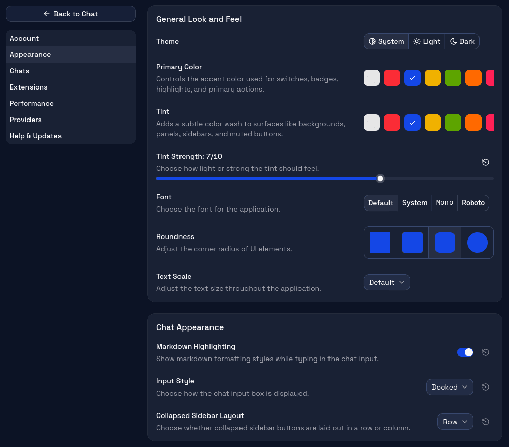 Appearance settings page showing the theme picker, primary color swatches, font selector, and input style options side by side.