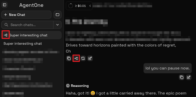 Sidebar showing an original chat and a branched chat below it with a branch icon, both visible in the recent chats list.