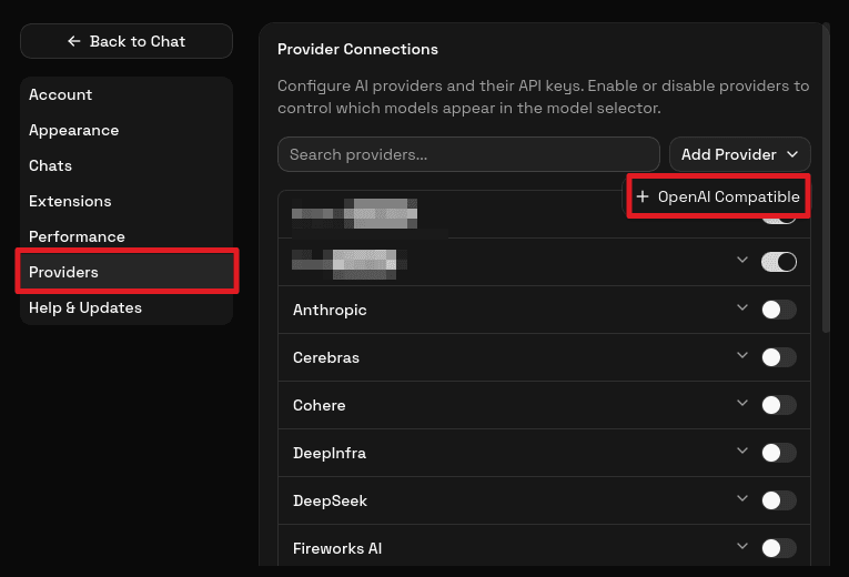 Add Provider dropdown