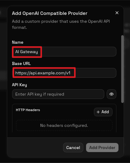 Custom provider form with Base URL