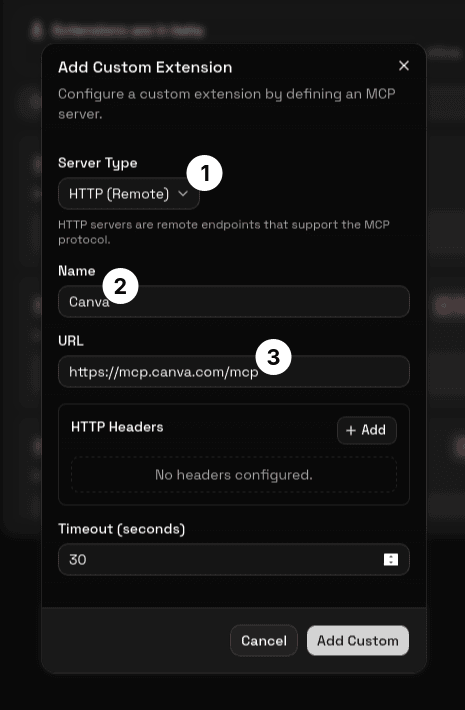 Install custom extension modal with HTTP selected
