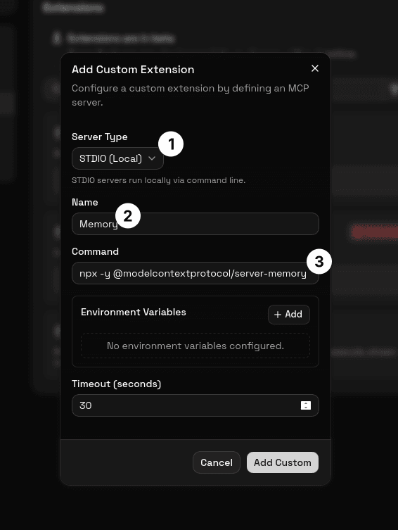 Install custom extension modal with STDIO selected